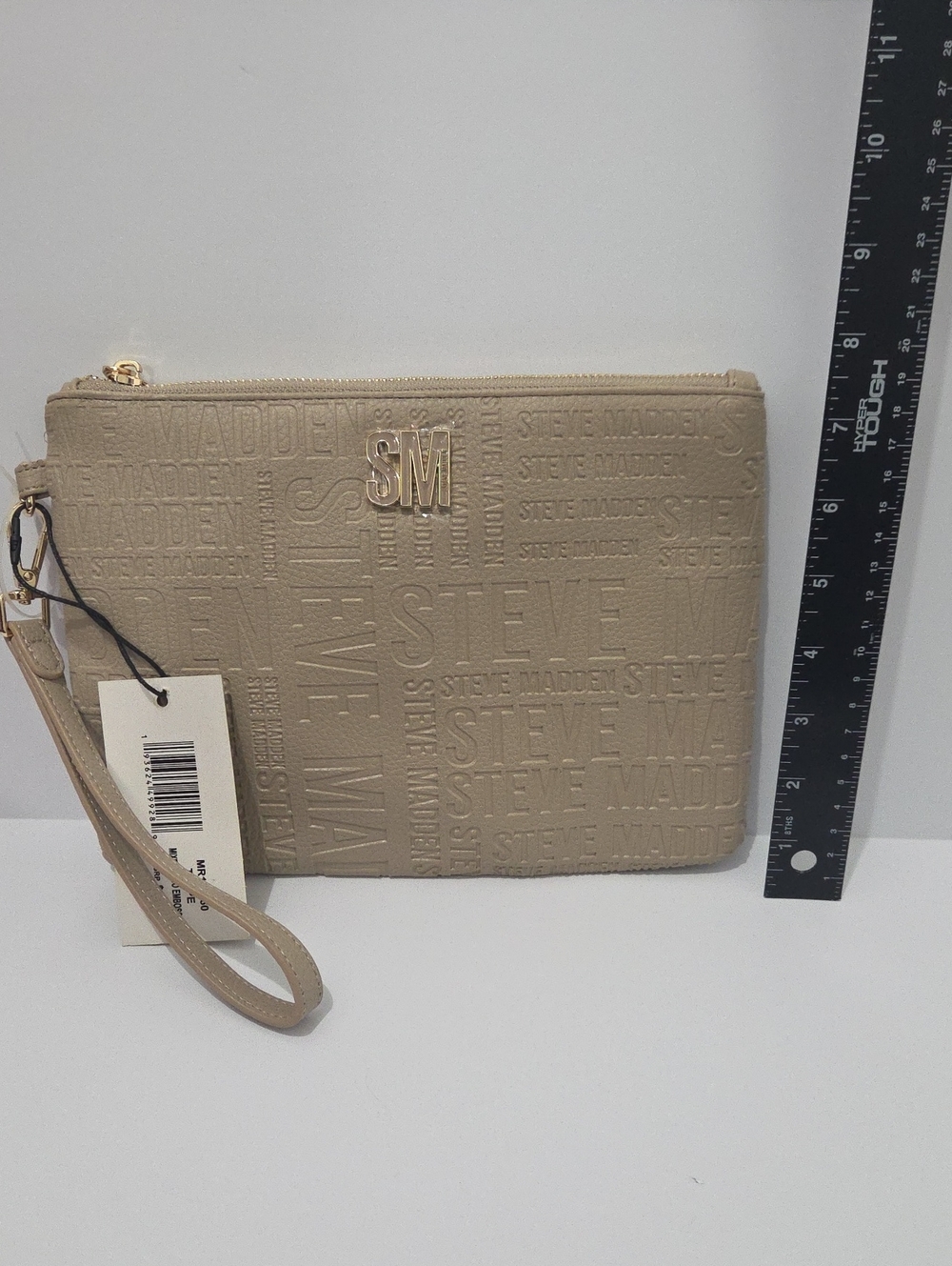 Steve Madden Taupe Embossed Logo Wristlet Clutch
